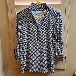 Pappagallo Navy and White Geometric Quarter Zip Top